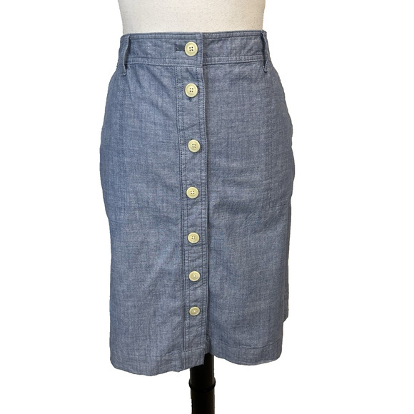 Talbots Skirt size 12 Chambray Blue Button Front Straight Knee Pockets Casual - Picture 1 of 9